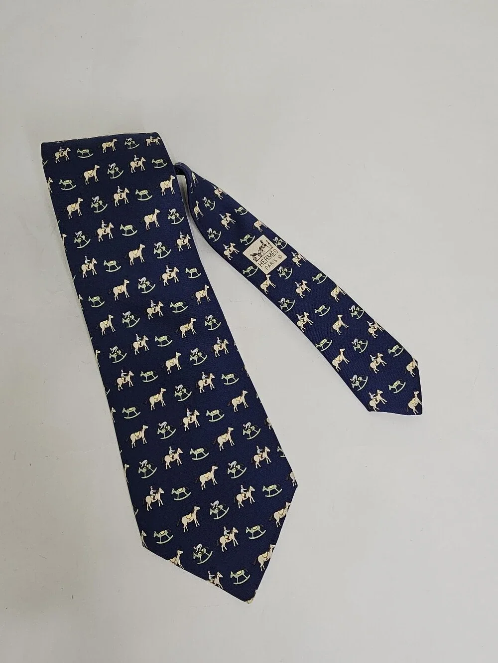 Authentic Hermès Paris Navy Silk Equestrian Horse / Rocking Horse Print Tie Luxe